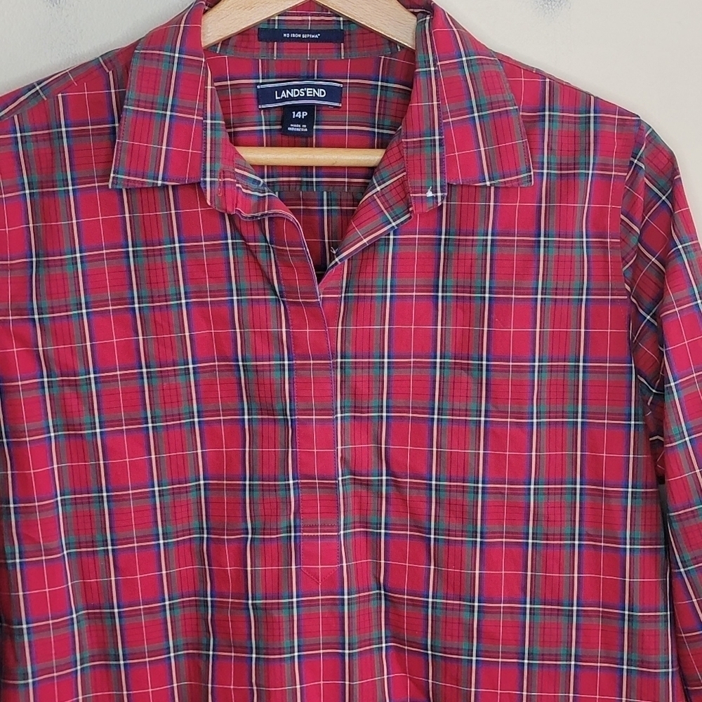 Lands' End | Red Plaid Petite Popover Shirt in No-Iron Supima Cotton Size 14P - Picture 2 of 4